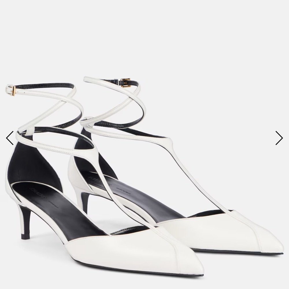 KHAITE Mia 45 White leather pumps Kitten Heel Pointed Toe T Strap 9.5US New 39.5